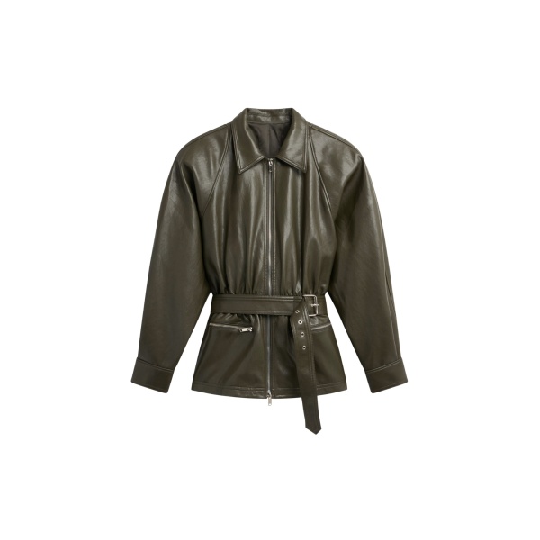 The Frankie Shop Annette Faux Leather Peplum Jacket - Olive - Oversized Minimalist Jackets in Green - Shop at Luxury Shoes 