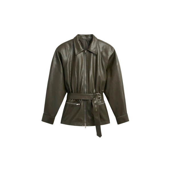 The Frankie Shop Annette Faux Leather Peplum Jacket - Olive - Oversized Minimalist Jackets in Green - Shop at Luxury Shoes 