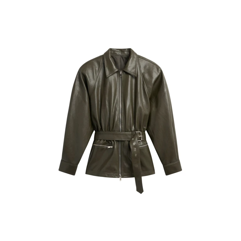 The Frankie Shop Annette Faux Leather Peplum Jacket - Olive - Oversized Minimalist Jackets in Green - Shop at Luxury Shoes 