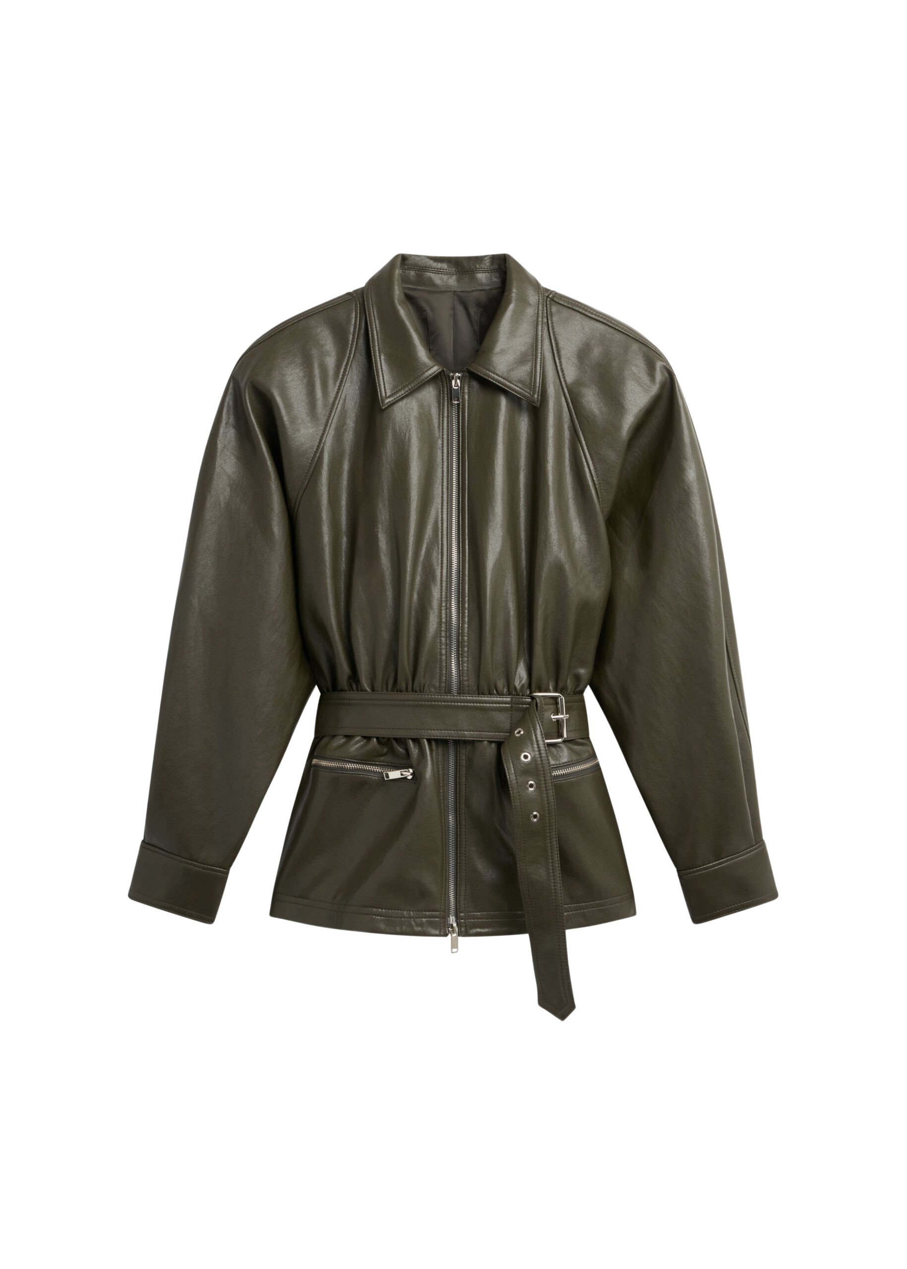 The Frankie Shop Annette Faux Leather Peplum Jacket – Olive