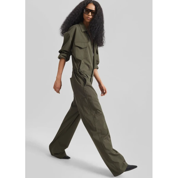 The Frankie Shop Ardea Cotton Utility Jumpsuit - Dark Olive - Oversized Minimalist Jumpsuit in Green - Shop at Luxury Shoes 