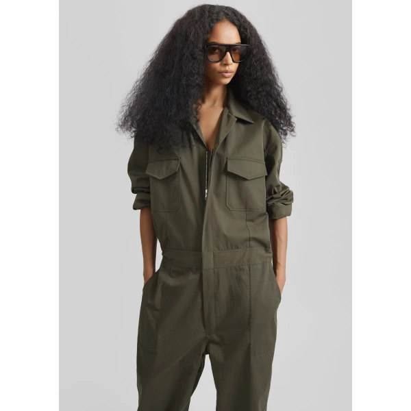 The Frankie Shop Ardea Cotton Utility Jumpsuit - Dark Olive - Oversized Minimalist Jumpsuit in Green - Shop at Luxury Shoes 