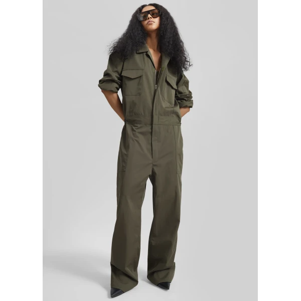 The Frankie Shop Ardea Cotton Utility Jumpsuit - Dark Olive - Oversized Minimalist Jumpsuit in Green - Shop at Luxury Shoes 