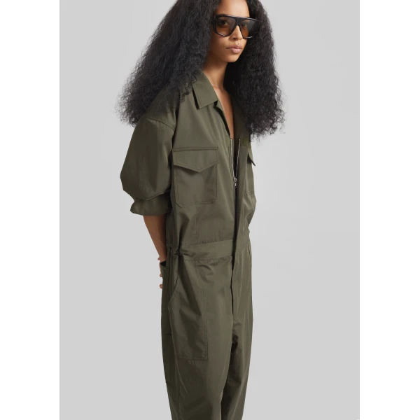 The Frankie Shop Ardea Cotton Utility Jumpsuit - Dark Olive - Oversized Minimalist Jumpsuit in Green - Shop at Luxury Shoes 
