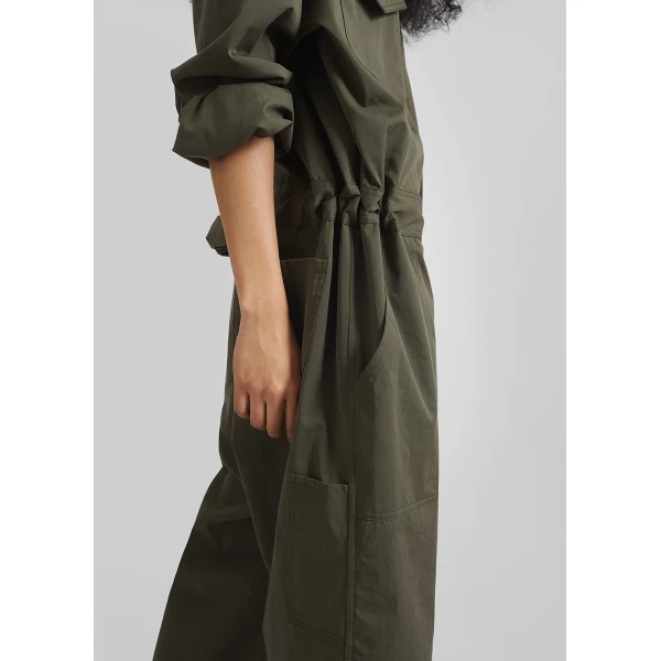 The Frankie Shop Ardea Cotton Utility Jumpsuit - Dark Olive - Oversized Minimalist Jumpsuit in Green - Shop at Luxury Shoes 