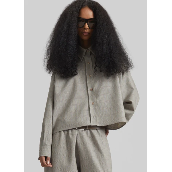 The Frankie Shop Arlen Boxy Shirt - Beige Glen Plaid - Oversized Minimalist Tops in Multicolour - Shop at Luxury Shoes 