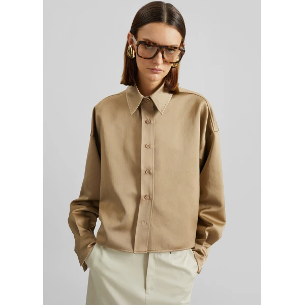 The Frankie Shop Arlen Satin Boxy Shirt - Beige - Oversized Minimalist Tops in Beige - Shop at Luxury Shoes 