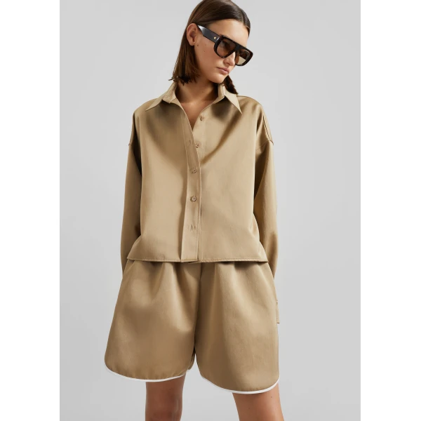 The Frankie Shop Arlen Satin Boxy Shirt - Beige - Oversized Minimalist Tops in Beige - Shop at Luxury Shoes 