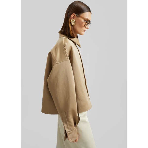 The Frankie Shop Arlen Satin Boxy Shirt - Beige - Oversized Minimalist Tops in Beige - Shop at Luxury Shoes 