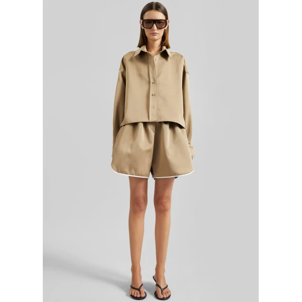 The Frankie Shop Arlen Satin Boxy Shirt - Beige - Oversized Minimalist Tops in Beige - Shop at Luxury Shoes 