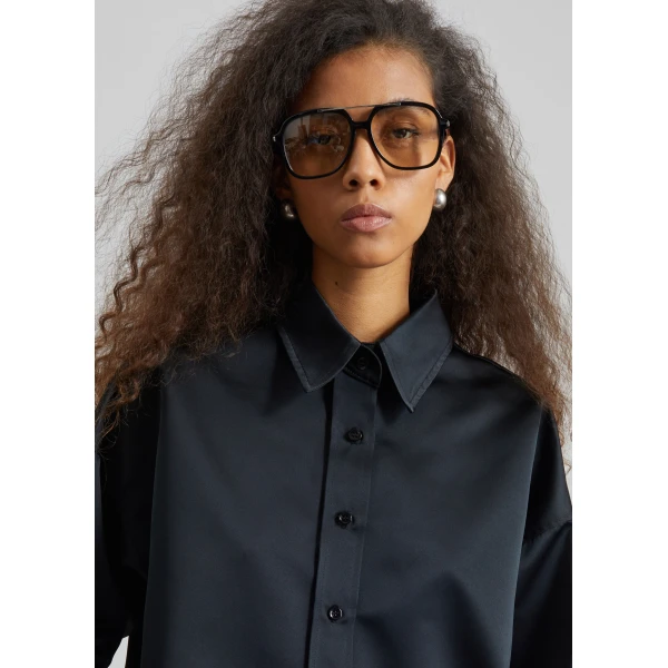 The Frankie Shop Arlen Satin Boxy Shirt - Black - Oversized Minimalist Tops in Black - Shop at Luxury Shoes 