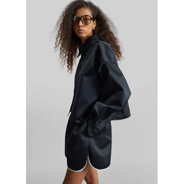 The Frankie Shop Arlen Satin Boxy Shirt - Black - Oversized Minimalist Tops in Black - Shop at Luxury Shoes 