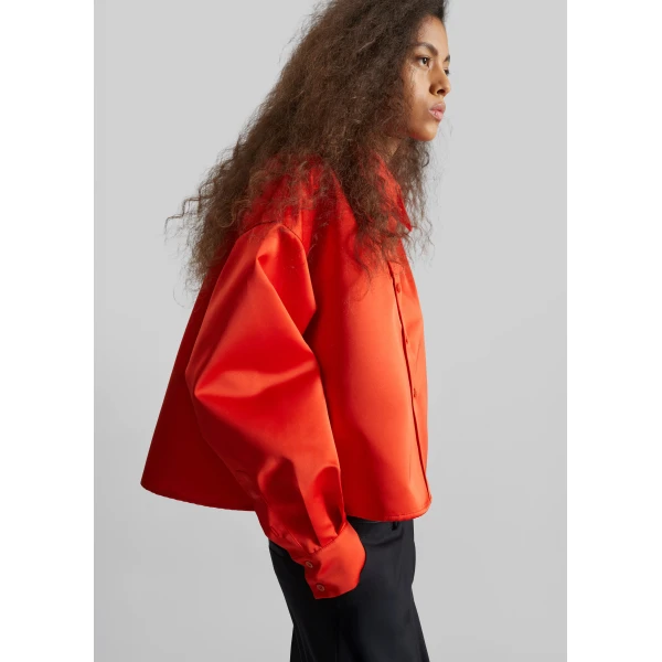 The Frankie Shop Arlen Satin Boxy Shirt - Coral Red - Oversized Minimalist Tops in Orange - Shop at Luxury Shoes 