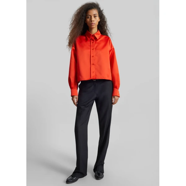 The Frankie Shop Arlen Satin Boxy Shirt - Coral Red - Oversized Minimalist Tops in Orange - Shop at Luxury Shoes 