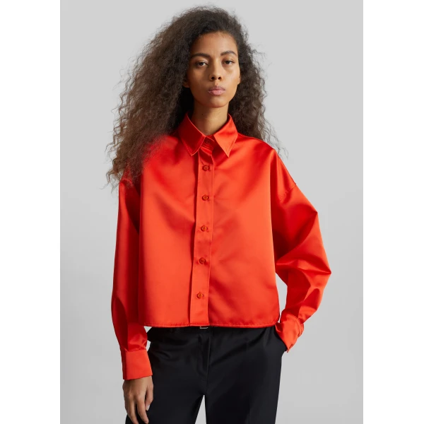 The Frankie Shop Arlen Satin Boxy Shirt - Coral Red - Oversized Minimalist Tops in Orange - Shop at Luxury Shoes 