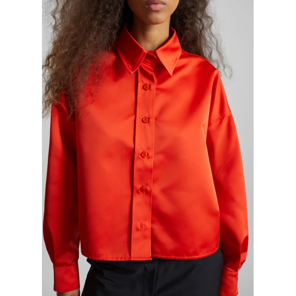 The Frankie Shop Arlen Satin Boxy Shirt - Coral Red - Oversized Minimalist Tops in Orange - Shop at Luxury Shoes 