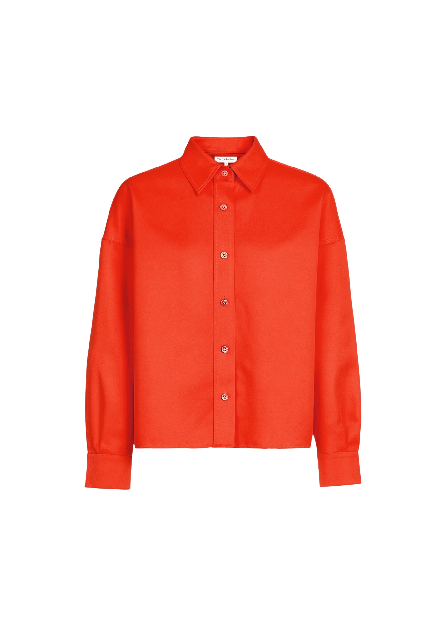The Frankie Shop Arlen Satin Boxy Shirt - Coral Red - Oversized Minimalist Tops in Orange - Shop at Luxury Shoes 