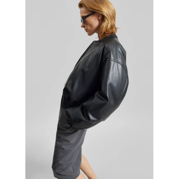 The Frankie Shop Arolla Faux Leather Draped Jacket - Black - Oversized Minimalist Jackets in Black - Shop at Luxury Shoes 
