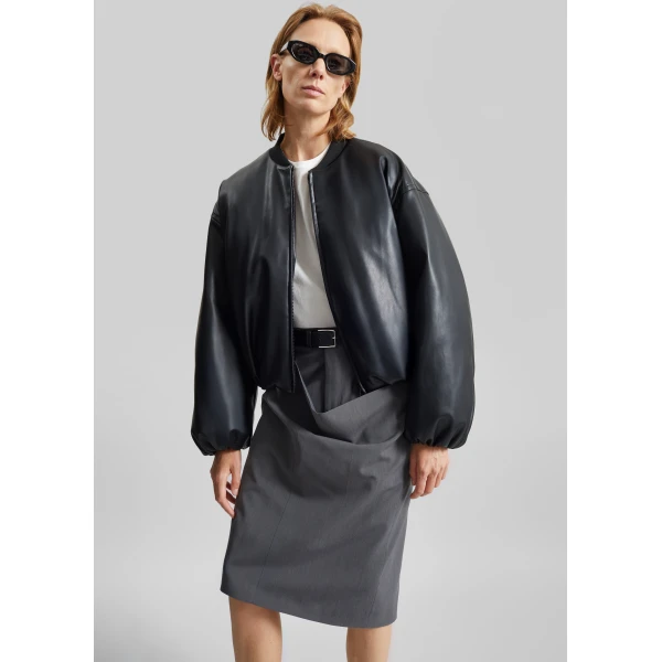 The Frankie Shop Arolla Faux Leather Draped Jacket - Black - Oversized Minimalist Jackets in Black - Shop at Luxury Shoes 