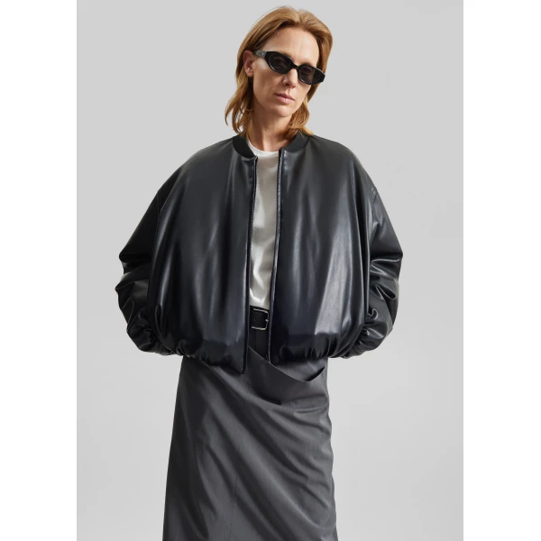 The Frankie Shop Arolla Faux Leather Draped Jacket - Black - Oversized Minimalist Jackets in Black - Shop at Luxury Shoes 