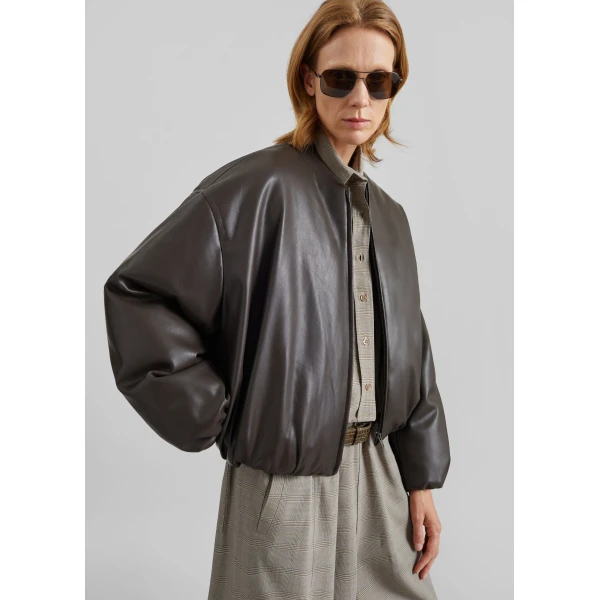 The Frankie Shop Arolla Faux Leather Draped Jacket - Brown - Oversized Minimalist Jackets in Beige - Shop at Luxury Shoes 