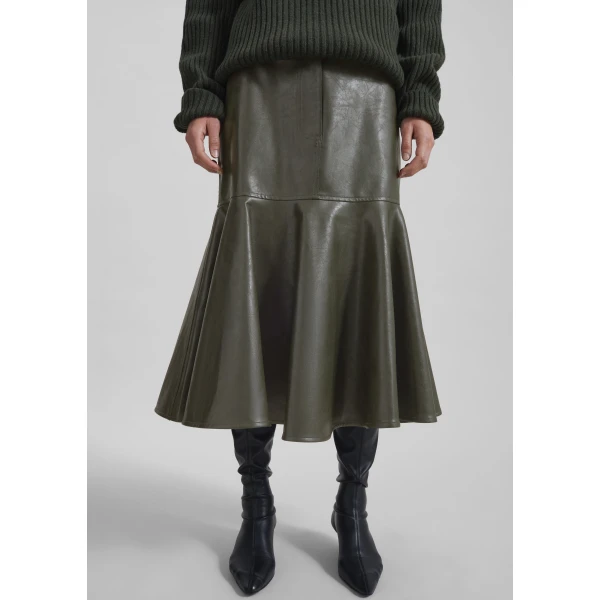 The Frankie Shop Arvika Faux Leather Mermaid Skirt - Dark Olive - Oversized Minimalist Skirts in Green - Shop at Luxury Shoes 