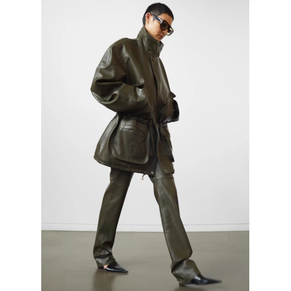 The Frankie Shop Ascona Faux Leather Jacket - Dark Olive - Oversized Minimalist Jackets in Green - Shop at Luxury Shoes 