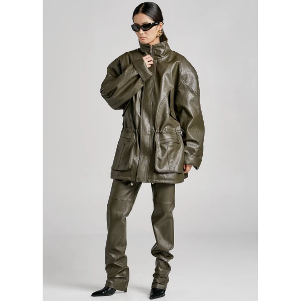 The Frankie Shop Ascona Faux Leather Jacket - Dark Olive - Oversized Minimalist Jackets in Green - Shop at Luxury Shoes 
