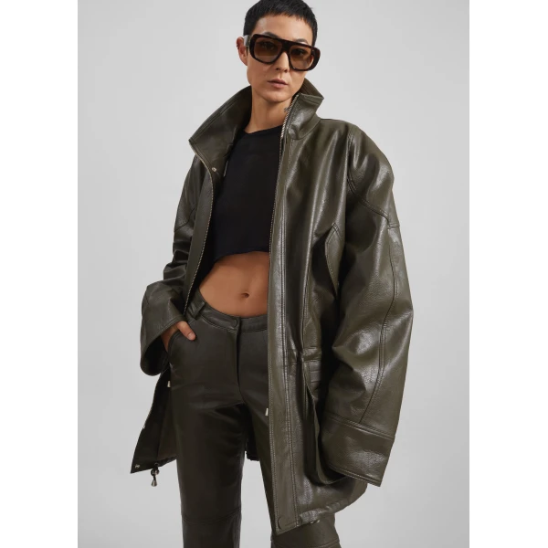 The Frankie Shop Ascona Faux Leather Jacket - Dark Olive - Oversized Minimalist Jackets in Green - Shop at Luxury Shoes 