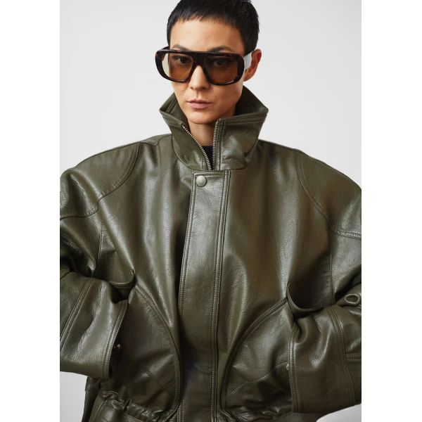 The Frankie Shop Ascona Faux Leather Jacket - Dark Olive - Oversized Minimalist Jackets in Green - Shop at Luxury Shoes 