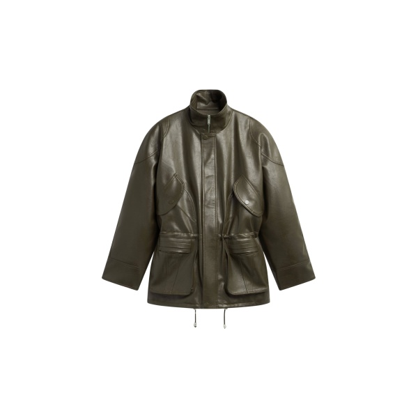 The Frankie Shop Ascona Faux Leather Jacket - Dark Olive - Oversized Minimalist Jackets in Green - Shop at Luxury Shoes 