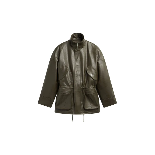 The Frankie Shop Ascona Faux Leather Jacket - Dark Olive - Oversized Minimalist Jackets in Green - Shop at Luxury Shoes 