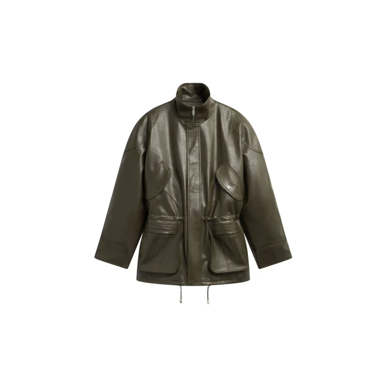 The Frankie Shop Ascona Faux Leather Jacket - Dark Olive - Oversized Minimalist Jackets in Green - Shop at Luxury Shoes 
