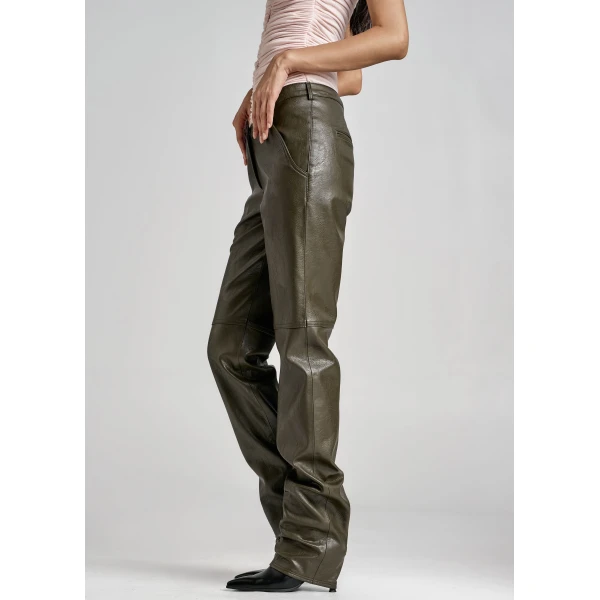 The Frankie Shop Ascona Faux Leather Pants - Dark Olive - Oversized Minimalist Pants in Green - Shop at Luxury Shoes 