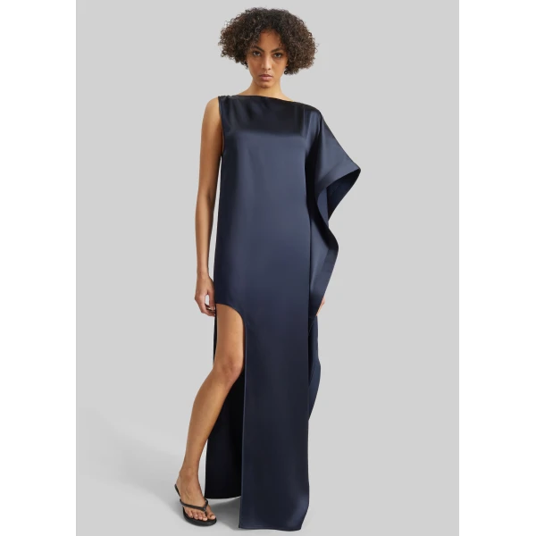 The Frankie Shop Asymmetric Maxi Dress - Dark Ink Navy - Oversized Minimalist Dresses in Black - Shop at Luxury Shoes 