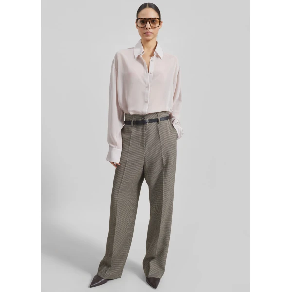 The Frankie Shop Aubel Belted Straight Pants - Black Houndstooth - Oversized Minimalist Pants in Multicolour - Shop at Luxury Shoes 