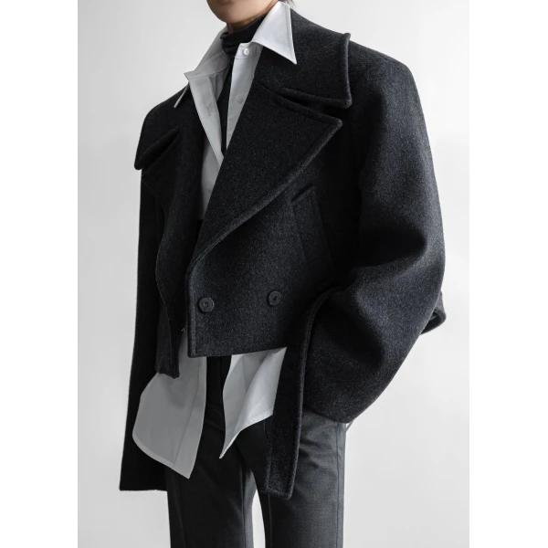 The Frankie Shop Aumale Cropped Wool Peacoat - Charcoal - Oversized Minimalist Coats in Grey - Shop at Luxury Shoes 