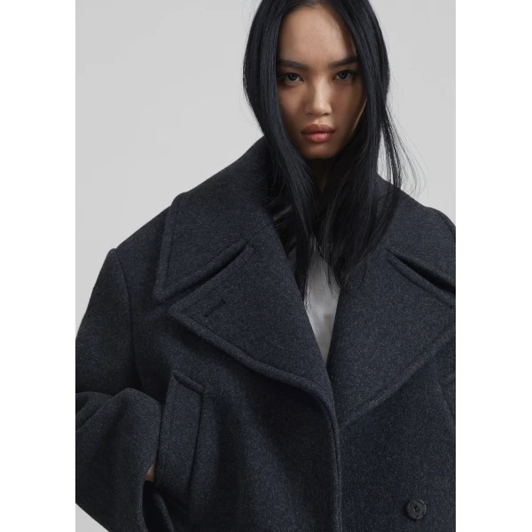 The Frankie Shop Aumale Cropped Wool Peacoat - Charcoal - Oversized Minimalist Coats in Grey - Shop at Luxury Shoes 