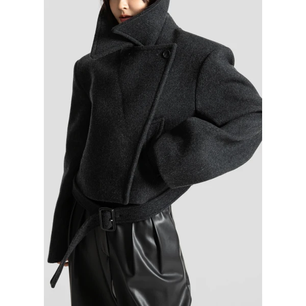 The Frankie Shop Aumale Cropped Wool Peacoat - Charcoal - Oversized Minimalist Coats in Grey - Shop at Luxury Shoes 