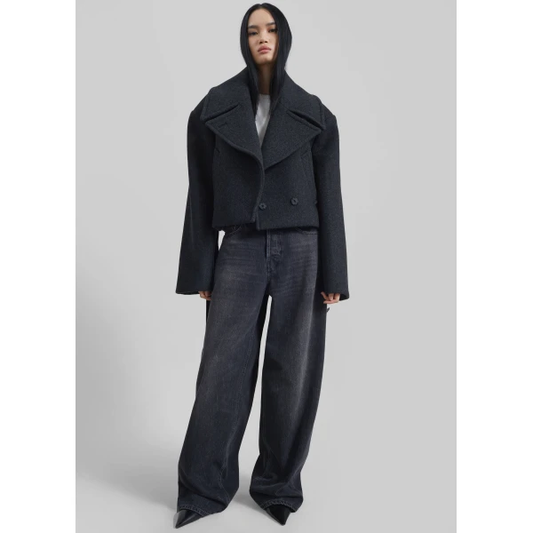 The Frankie Shop Aumale Cropped Wool Peacoat - Charcoal - Oversized Minimalist Coats in Grey - Shop at Luxury Shoes 
