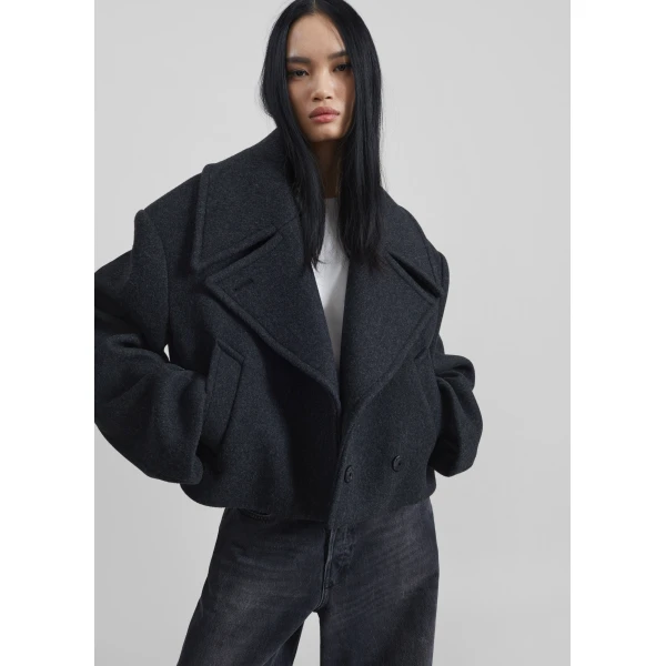 The Frankie Shop Aumale Cropped Wool Peacoat - Charcoal - Oversized Minimalist Coats in Grey - Shop at Luxury Shoes 