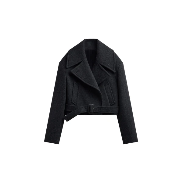 The Frankie Shop Aumale Cropped Wool Peacoat - Charcoal - Oversized Minimalist Coats in Grey - Shop at Luxury Shoes 