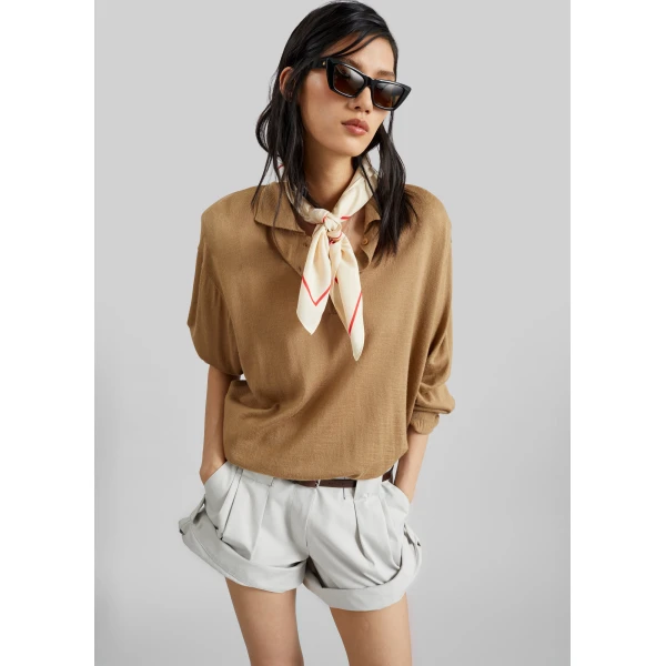 The Frankie Shop Avallon Padded Knit Polo - Camel - Oversized Minimalist Tops in Beige - Shop at Luxury Shoes 
