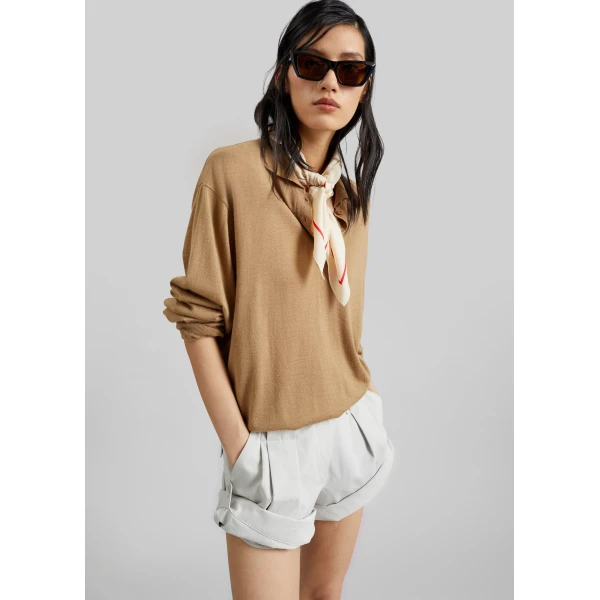 The Frankie Shop Avallon Padded Knit Polo - Camel - Oversized Minimalist Tops in Beige - Shop at Luxury Shoes 
