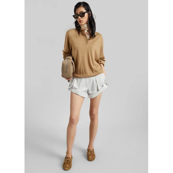 The Frankie Shop Avallon Padded Knit Polo - Camel - Oversized Minimalist Tops in Beige - Shop at Luxury Shoes 