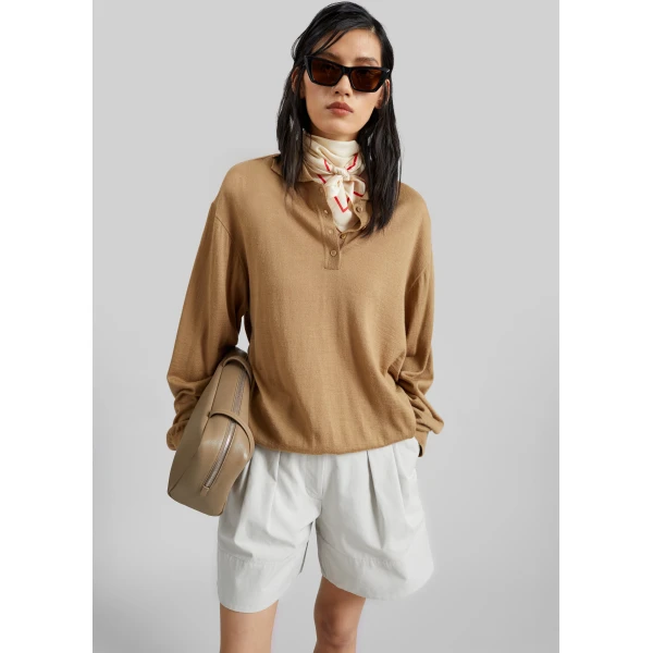 The Frankie Shop Avallon Padded Knit Polo - Camel - Oversized Minimalist Tops in Beige - Shop at Luxury Shoes 