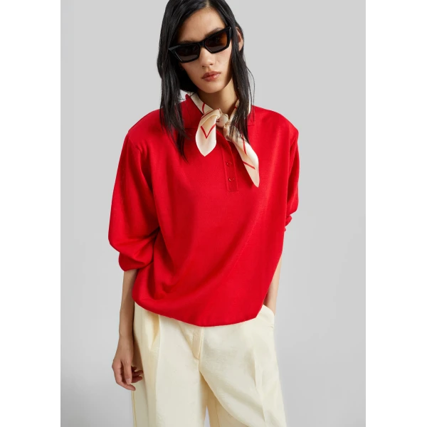 The Frankie Shop Avallon Padded Knit Polo - Red - Oversized Minimalist Tops in Red - Shop at Luxury Shoes 