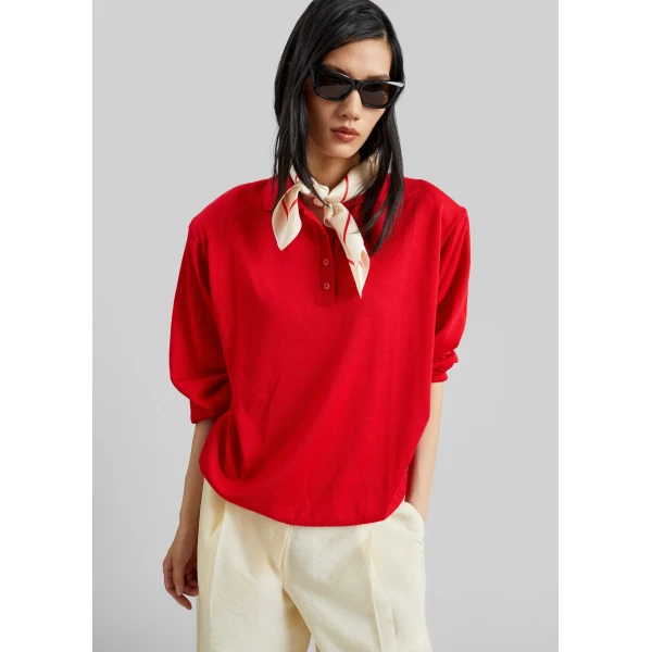 The Frankie Shop Avallon Padded Knit Polo - Red - Oversized Minimalist Tops in Red - Shop at Luxury Shoes 