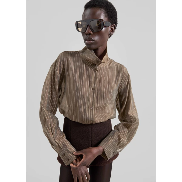The Frankie Shop Avila Sheer Fluid Shirt - Brown/White Stripe - Oversized Minimalist Tops in Multicolour - Shop at Luxury Shoes 
