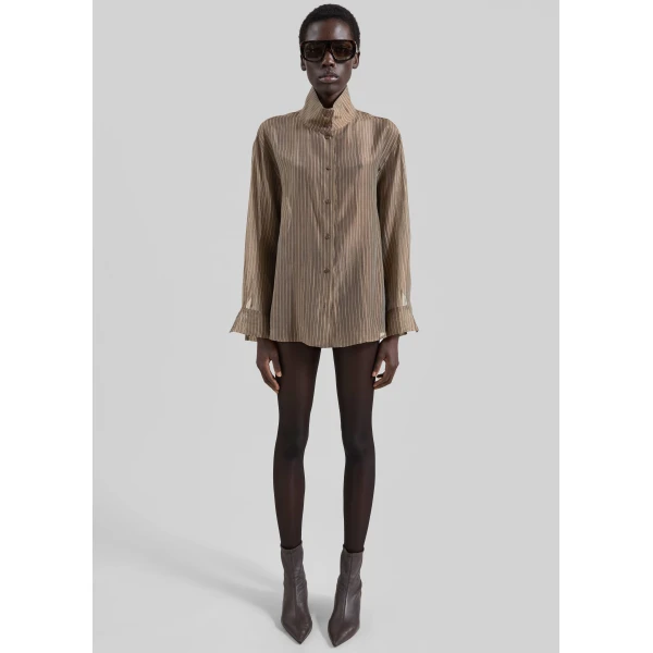 The Frankie Shop Avila Sheer Fluid Shirt - Brown/White Stripe - Oversized Minimalist Tops in Multicolour - Shop at Luxury Shoes 